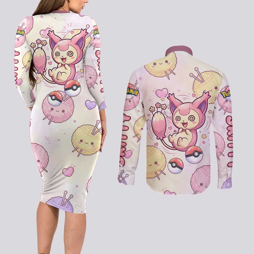 Skitty Pokémon Couples Matching Long Sleeve Bodycon Dress and Long Sleeve Button Shirt Pastel Kawaii Yarn Art Style