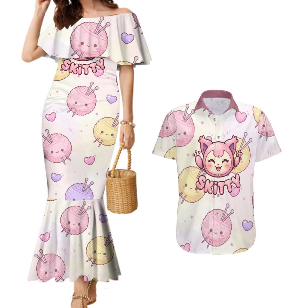 Skitty Pokémon Couples Matching Mermaid Dress and Hawaiian Shirt Pastel Kawaii Yarn Art Style
