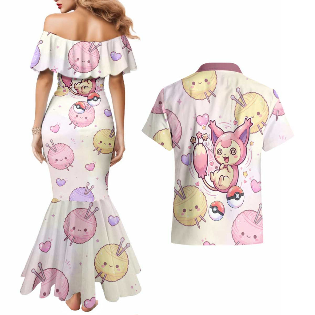 Skitty Pokémon Couples Matching Mermaid Dress and Hawaiian Shirt Pastel Kawaii Yarn Art Style