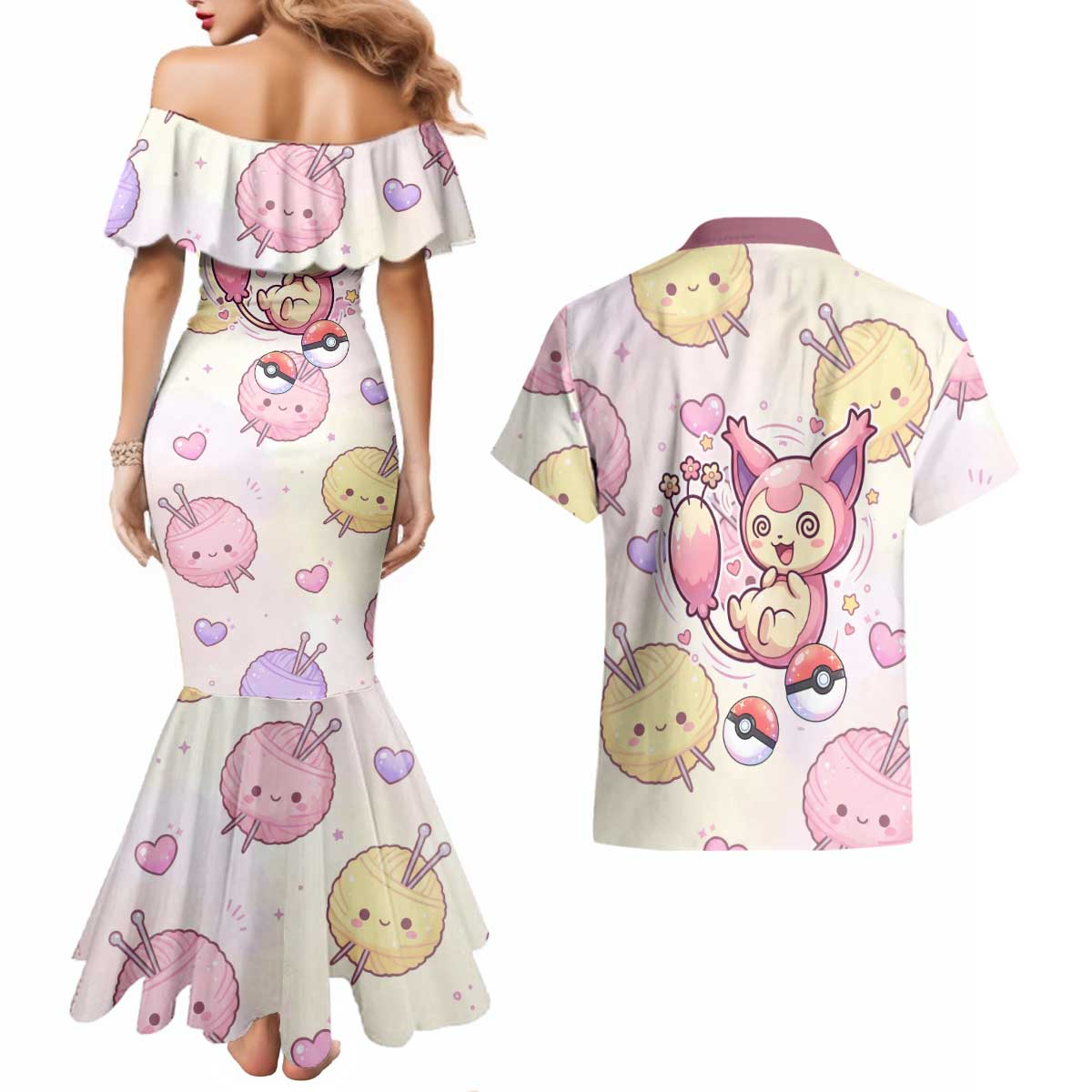 Skitty Pokémon Couples Matching Mermaid Dress and Hawaiian Shirt Pastel Kawaii Yarn Art Style