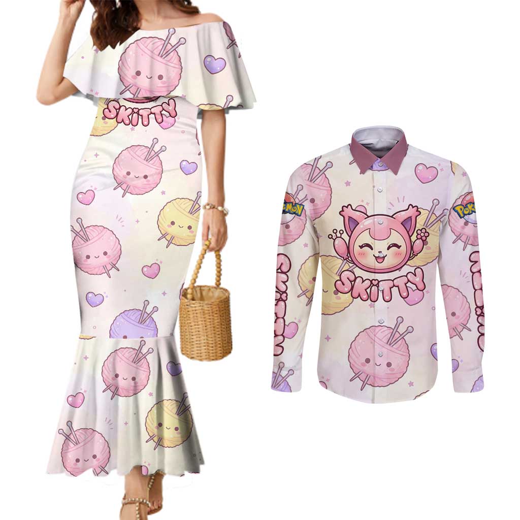 Skitty Pokémon Couples Matching Mermaid Dress and Long Sleeve Button Shirt Pastel Kawaii Yarn Art Style