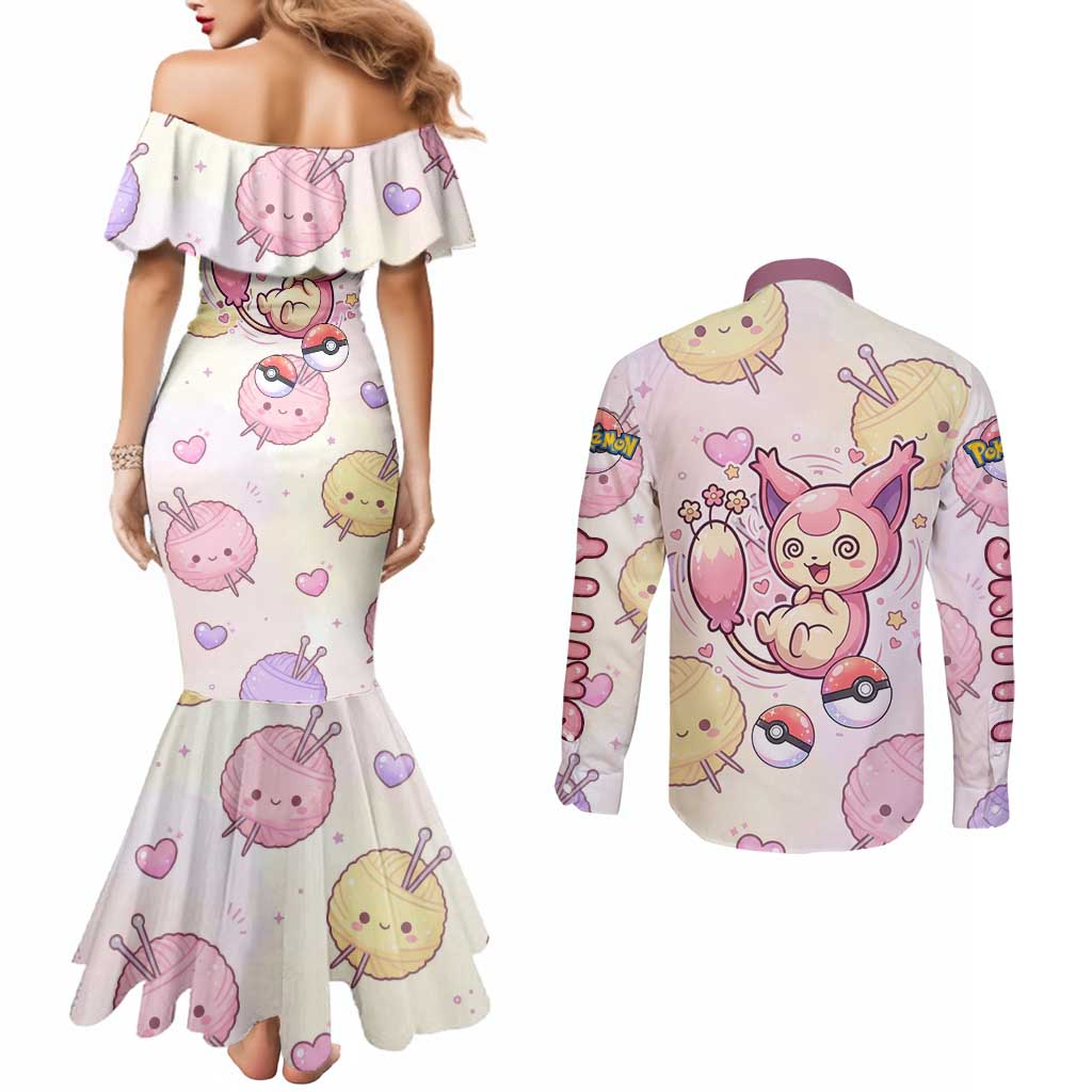 Skitty Pokémon Couples Matching Mermaid Dress and Long Sleeve Button Shirt Pastel Kawaii Yarn Art Style