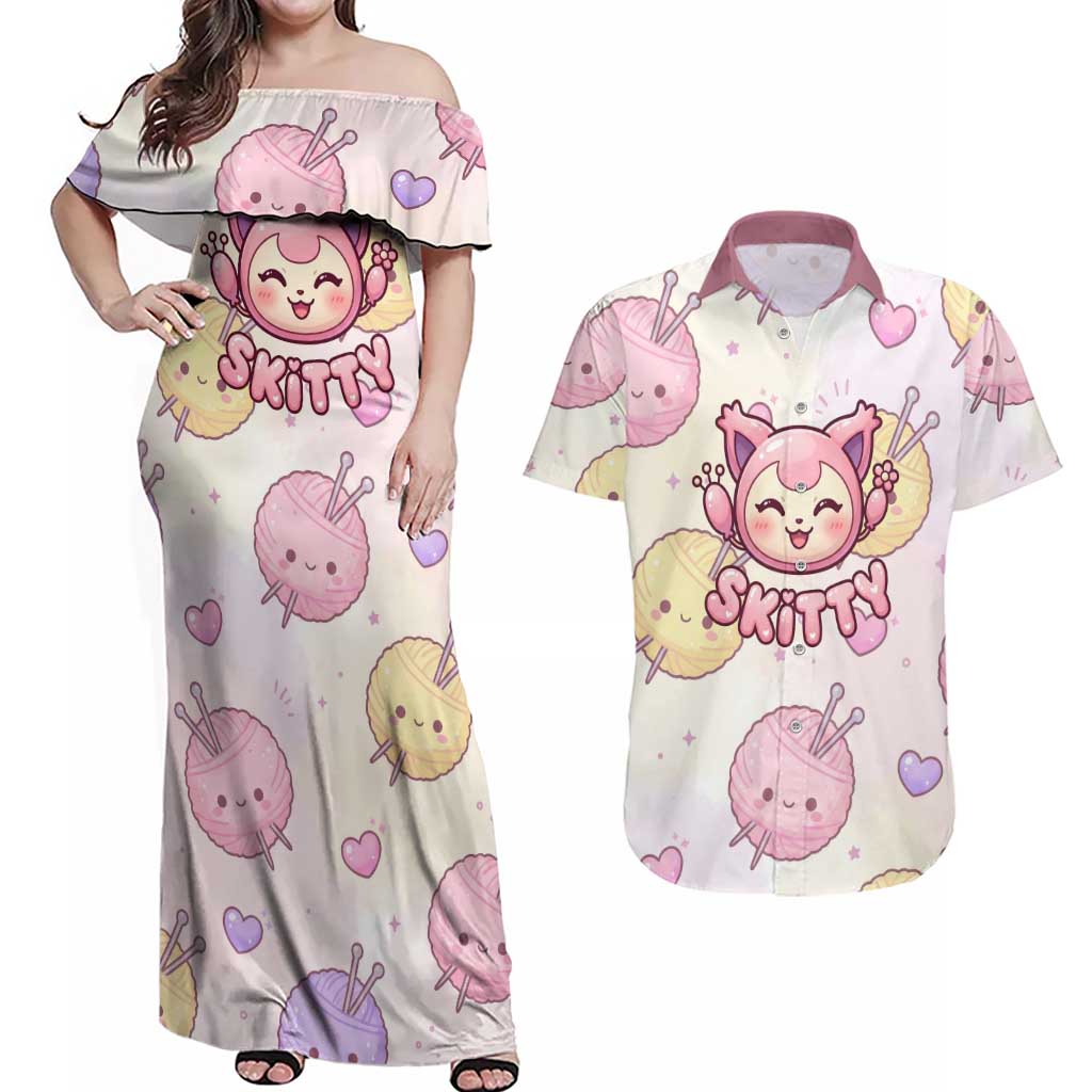 Skitty Pokémon Couples Matching Off Shoulder Maxi Dress and Hawaiian Shirt Pastel Kawaii Yarn Art Style
