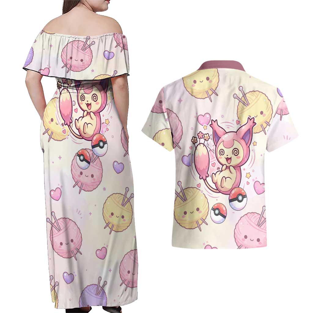 Skitty Pokémon Couples Matching Off Shoulder Maxi Dress and Hawaiian Shirt Pastel Kawaii Yarn Art Style
