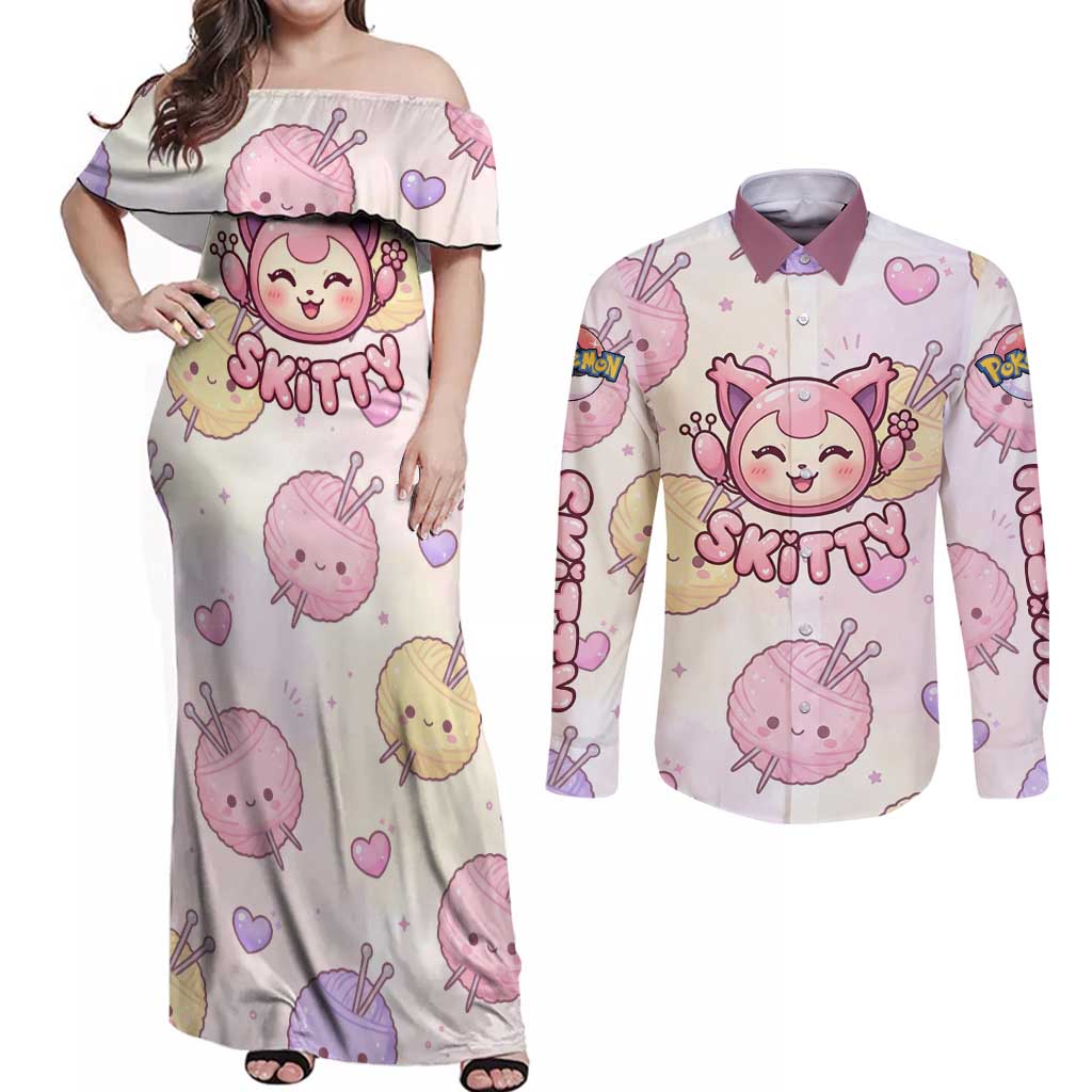 Skitty Pokémon Couples Matching Off Shoulder Maxi Dress and Long Sleeve Button Shirt Pastel Kawaii Yarn Art Style