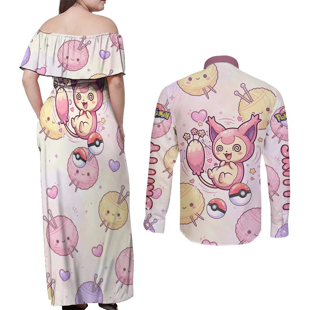 Skitty Pokémon Couples Matching Off Shoulder Maxi Dress and Long Sleeve Button Shirt Pastel Kawaii Yarn Art Style
