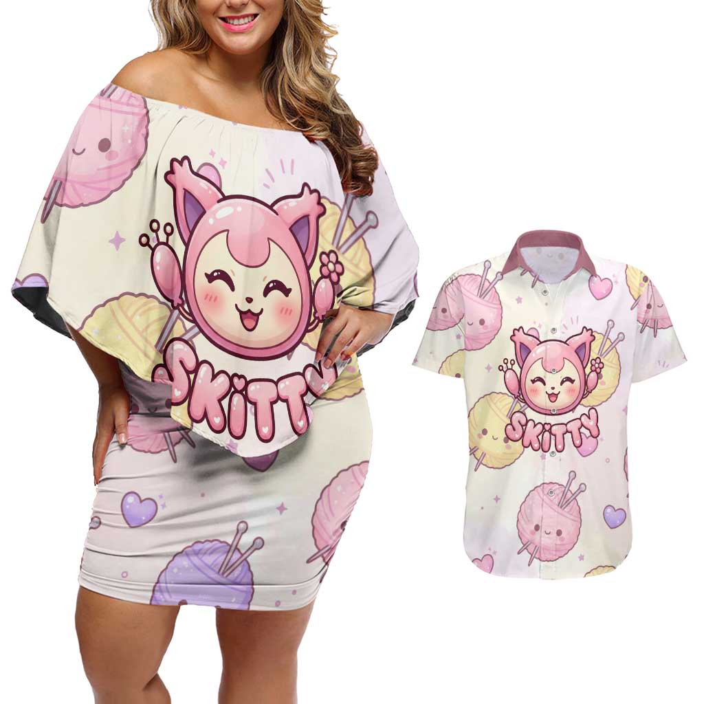 Skitty Pokémon Couples Matching Off Shoulder Short Dress and Hawaiian Shirt Pastel Kawaii Yarn Art Style