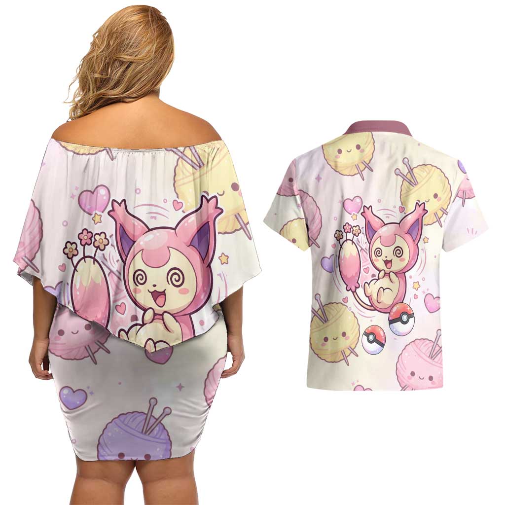 Skitty Pokémon Couples Matching Off Shoulder Short Dress and Hawaiian Shirt Pastel Kawaii Yarn Art Style