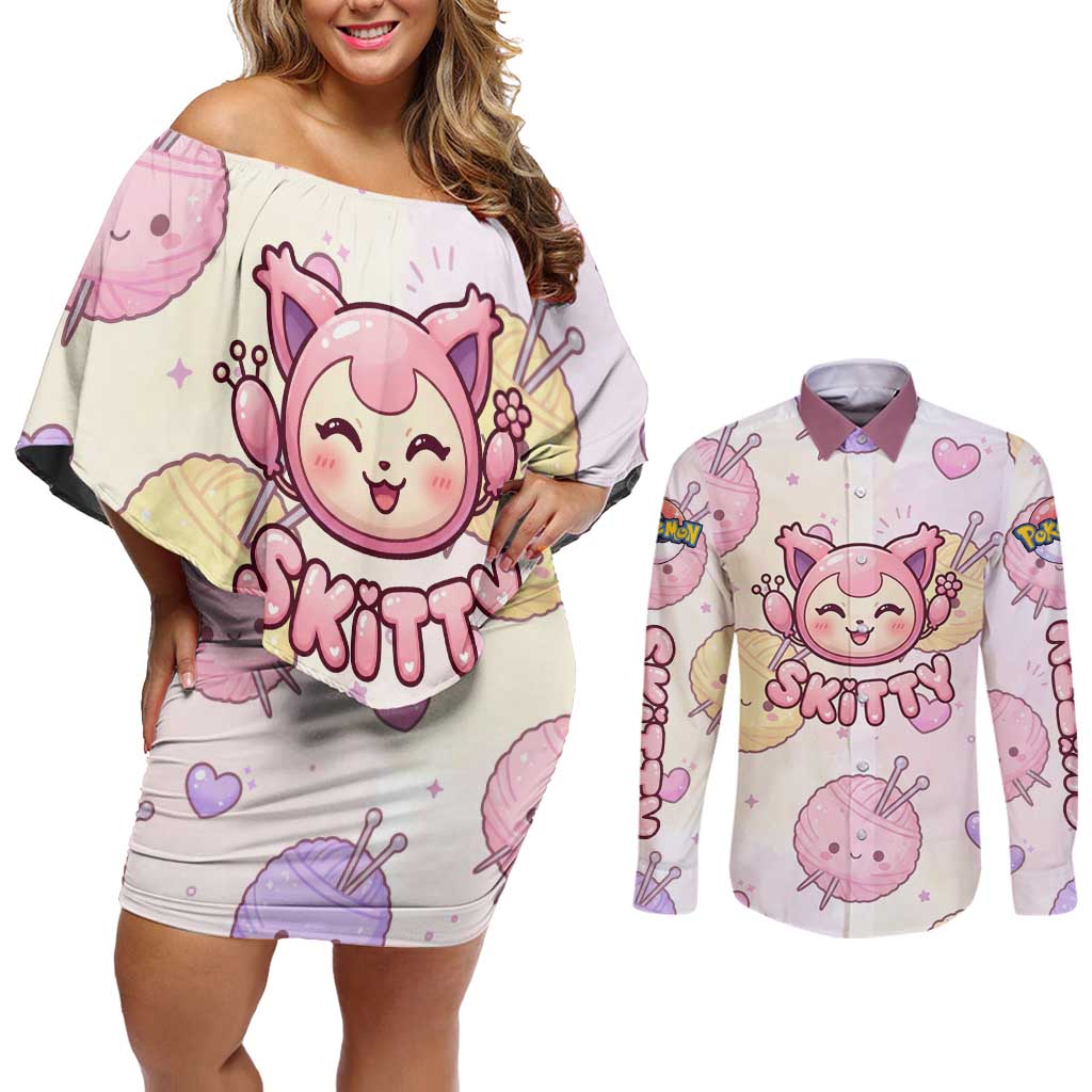 Skitty Pokémon Couples Matching Off Shoulder Short Dress and Long Sleeve Button Shirt Pastel Kawaii Yarn Art Style
