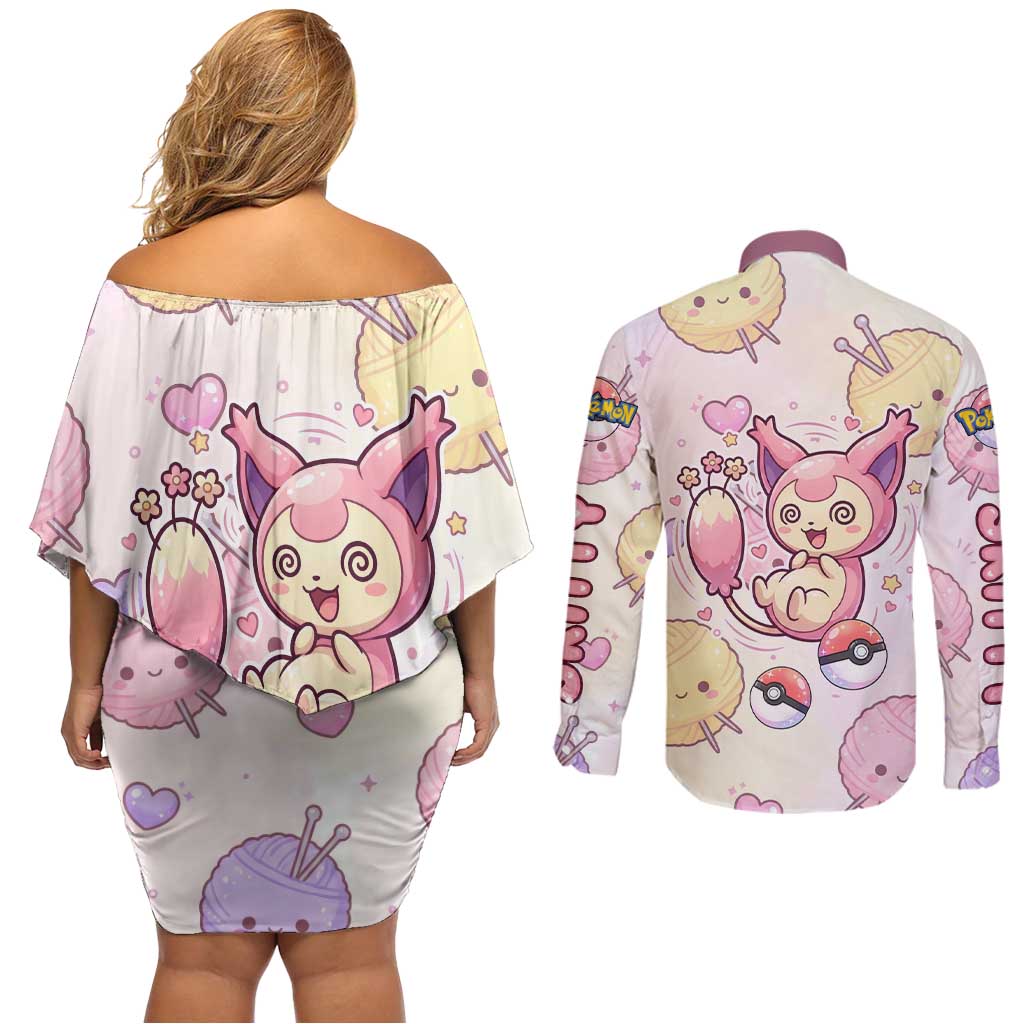 Skitty Pokémon Couples Matching Off Shoulder Short Dress and Long Sleeve Button Shirt Pastel Kawaii Yarn Art Style