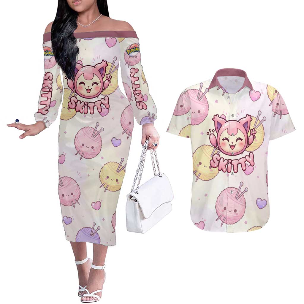 Skitty Pokémon Couples Matching Off The Shoulder Long Sleeve Dress and Hawaiian Shirt Pastel Kawaii Yarn Art Style