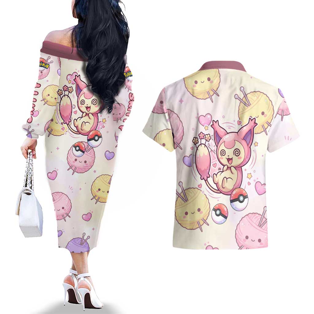 Skitty Pokémon Couples Matching Off The Shoulder Long Sleeve Dress and Hawaiian Shirt Pastel Kawaii Yarn Art Style