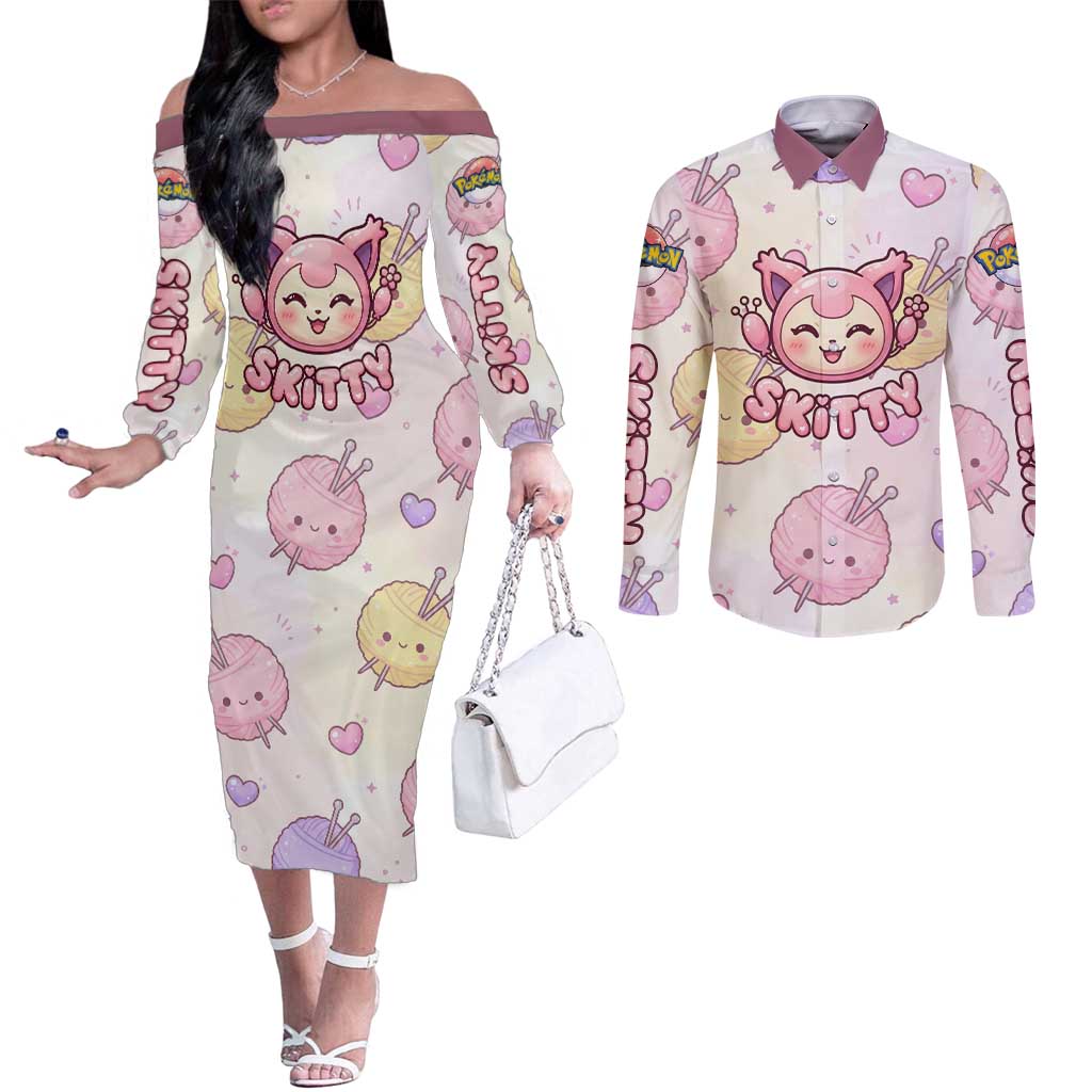 Skitty Pokémon Couples Matching Off The Shoulder Long Sleeve Dress and Long Sleeve Button Shirt Pastel Kawaii Yarn Art Style