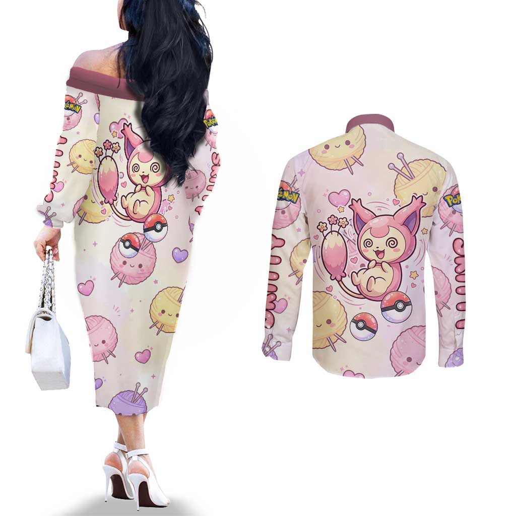 Skitty Pokémon Couples Matching Off The Shoulder Long Sleeve Dress and Long Sleeve Button Shirt Pastel Kawaii Yarn Art Style