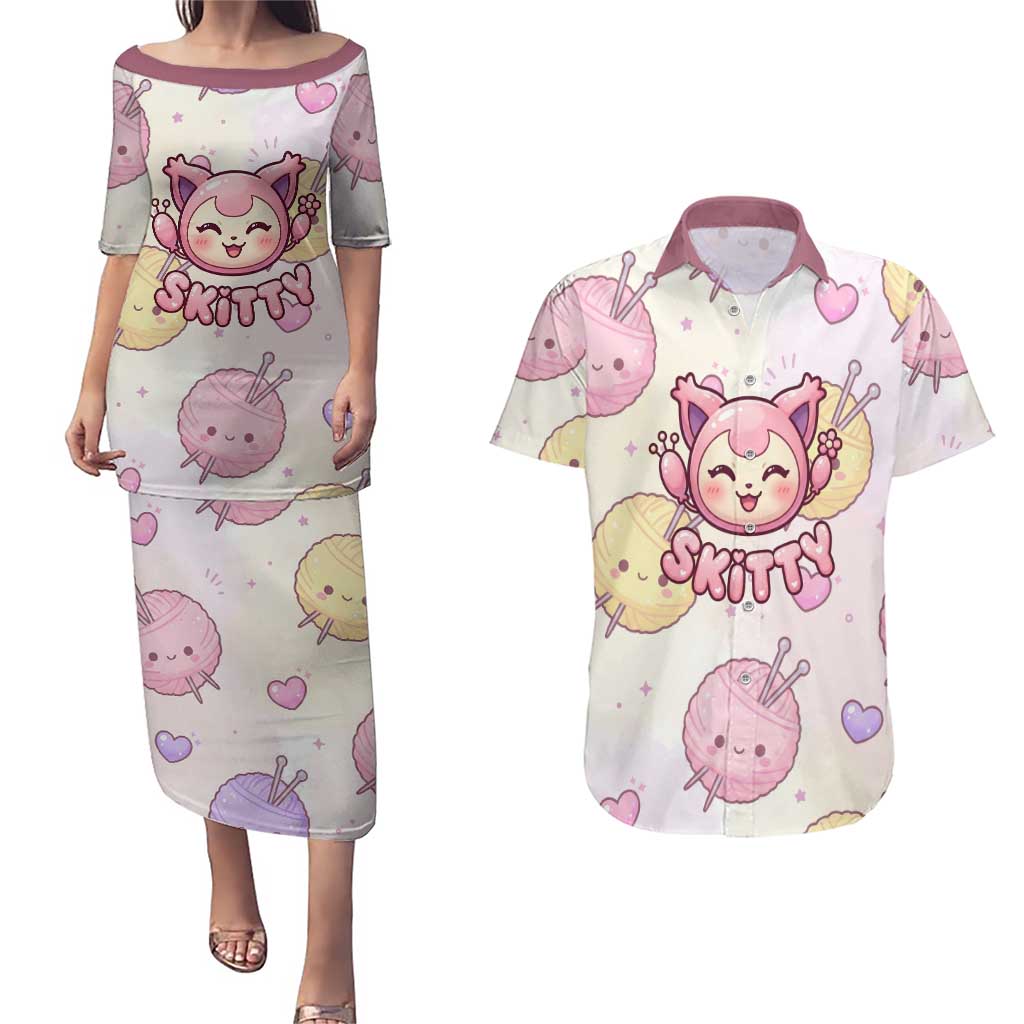 Skitty Pokémon Couples Matching Puletasi and Hawaiian Shirt Pastel Kawaii Yarn Art Style
