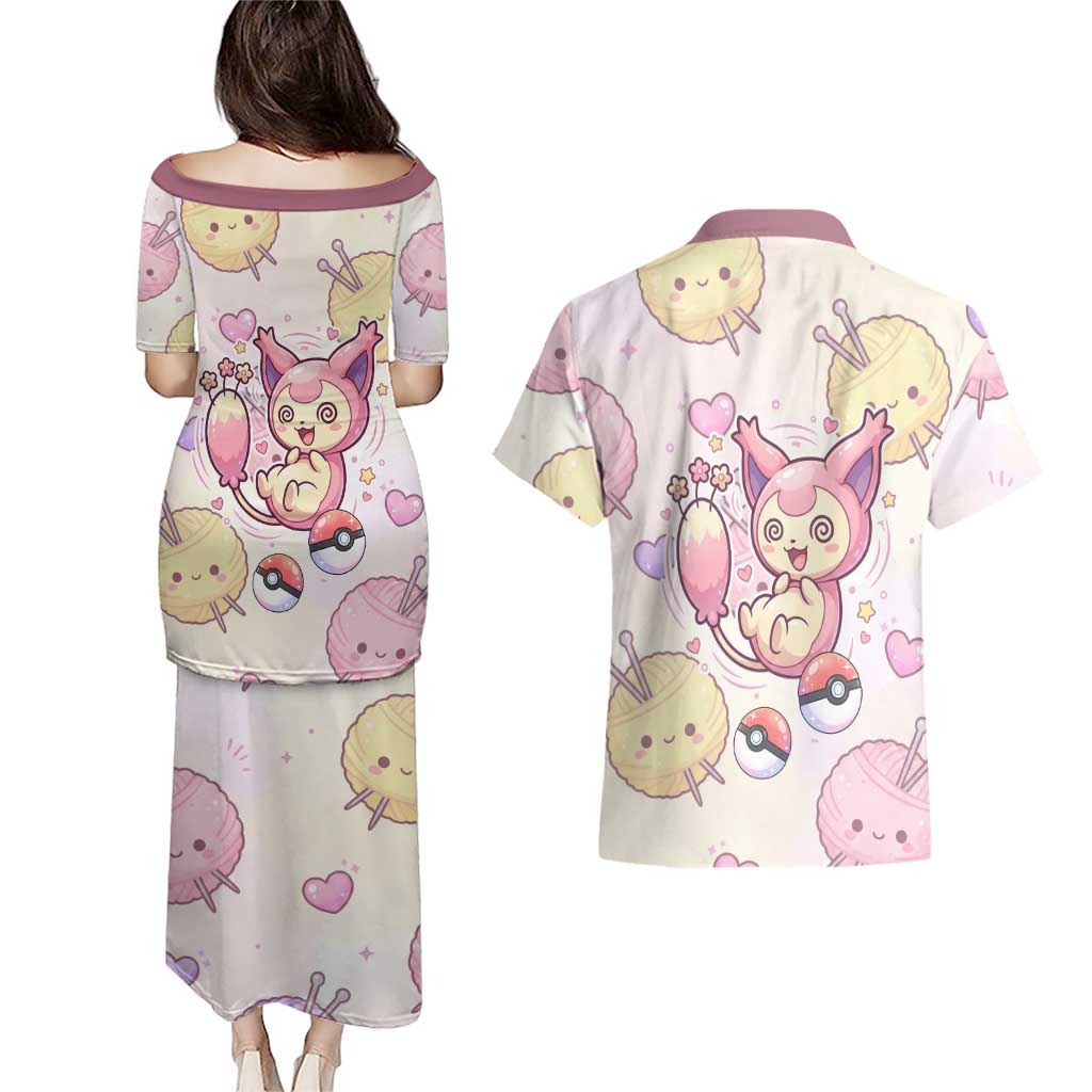 Skitty Pokémon Couples Matching Puletasi and Hawaiian Shirt Pastel Kawaii Yarn Art Style