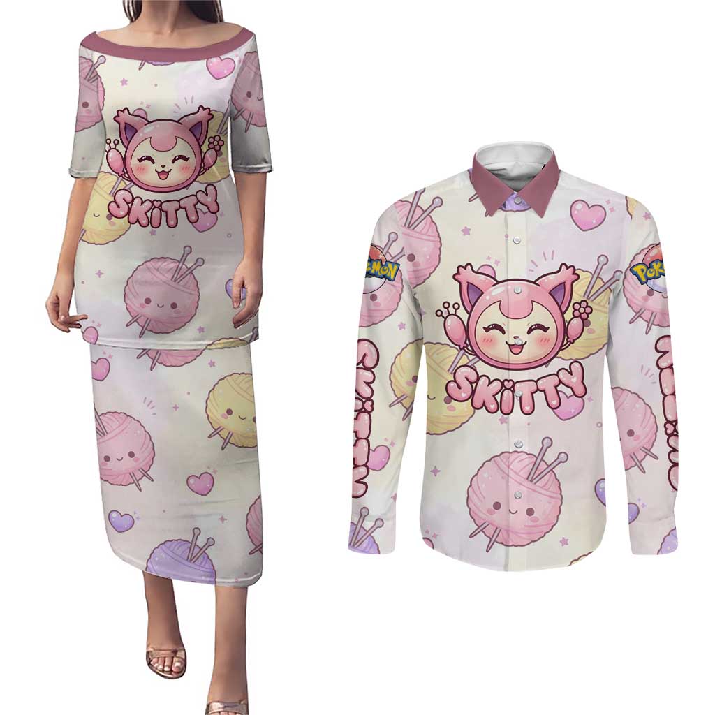Skitty Pokémon Couples Matching Puletasi and Long Sleeve Button Shirt Pastel Kawaii Yarn Art Style