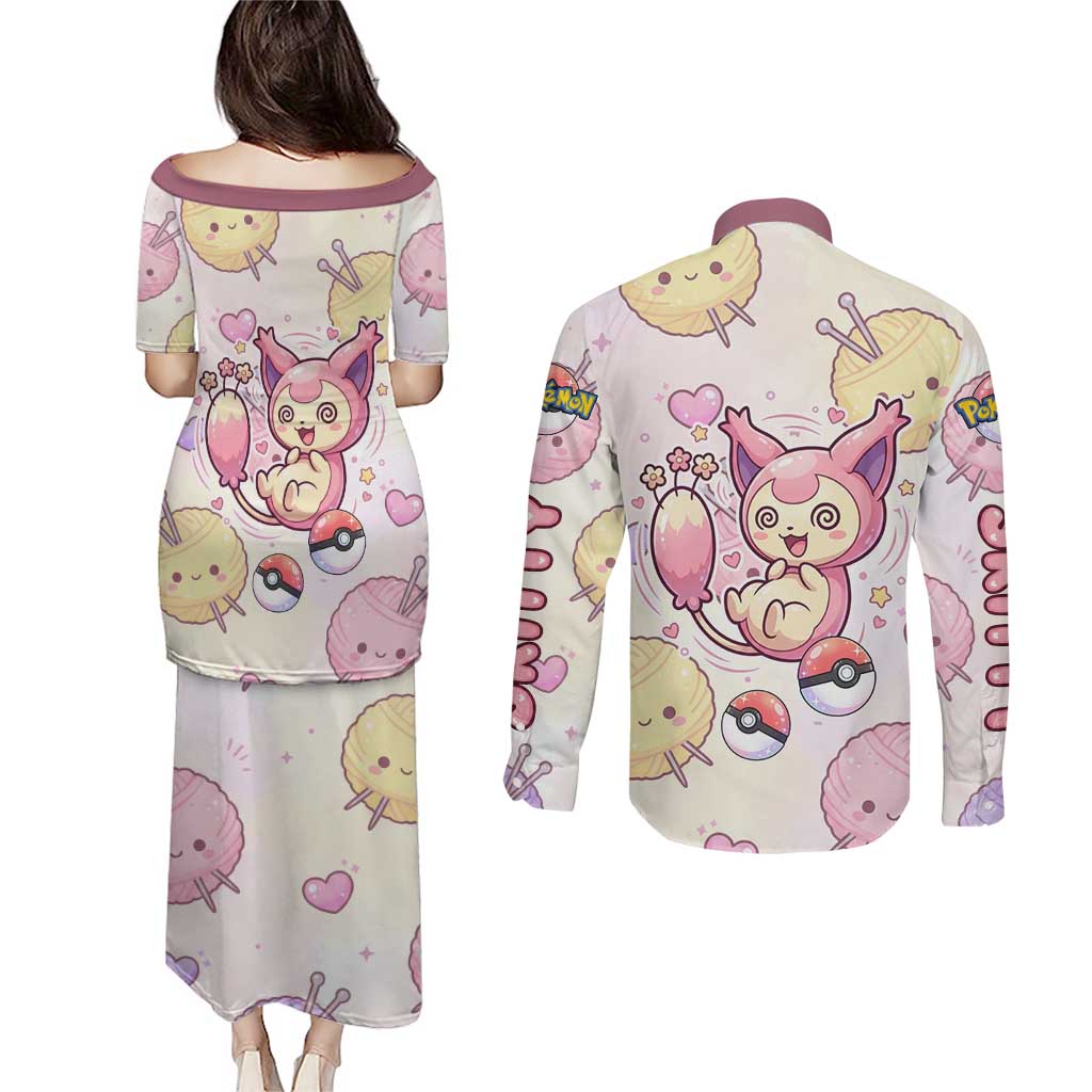 Skitty Pokémon Couples Matching Puletasi and Long Sleeve Button Shirt Pastel Kawaii Yarn Art Style