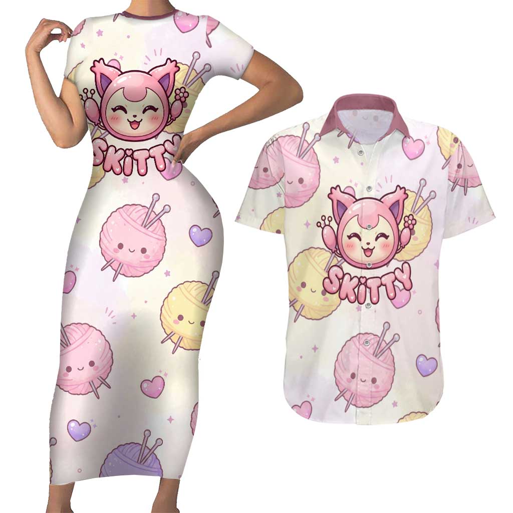 Skitty Pokémon Couples Matching Short Sleeve Bodycon Dress and Hawaiian Shirt Pastel Kawaii Yarn Art Style