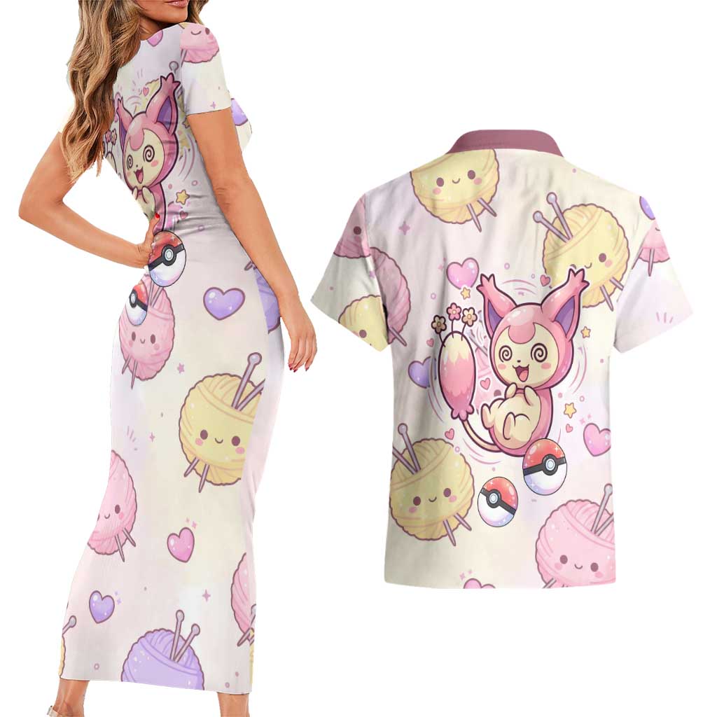 Skitty Pokémon Couples Matching Short Sleeve Bodycon Dress and Hawaiian Shirt Pastel Kawaii Yarn Art Style