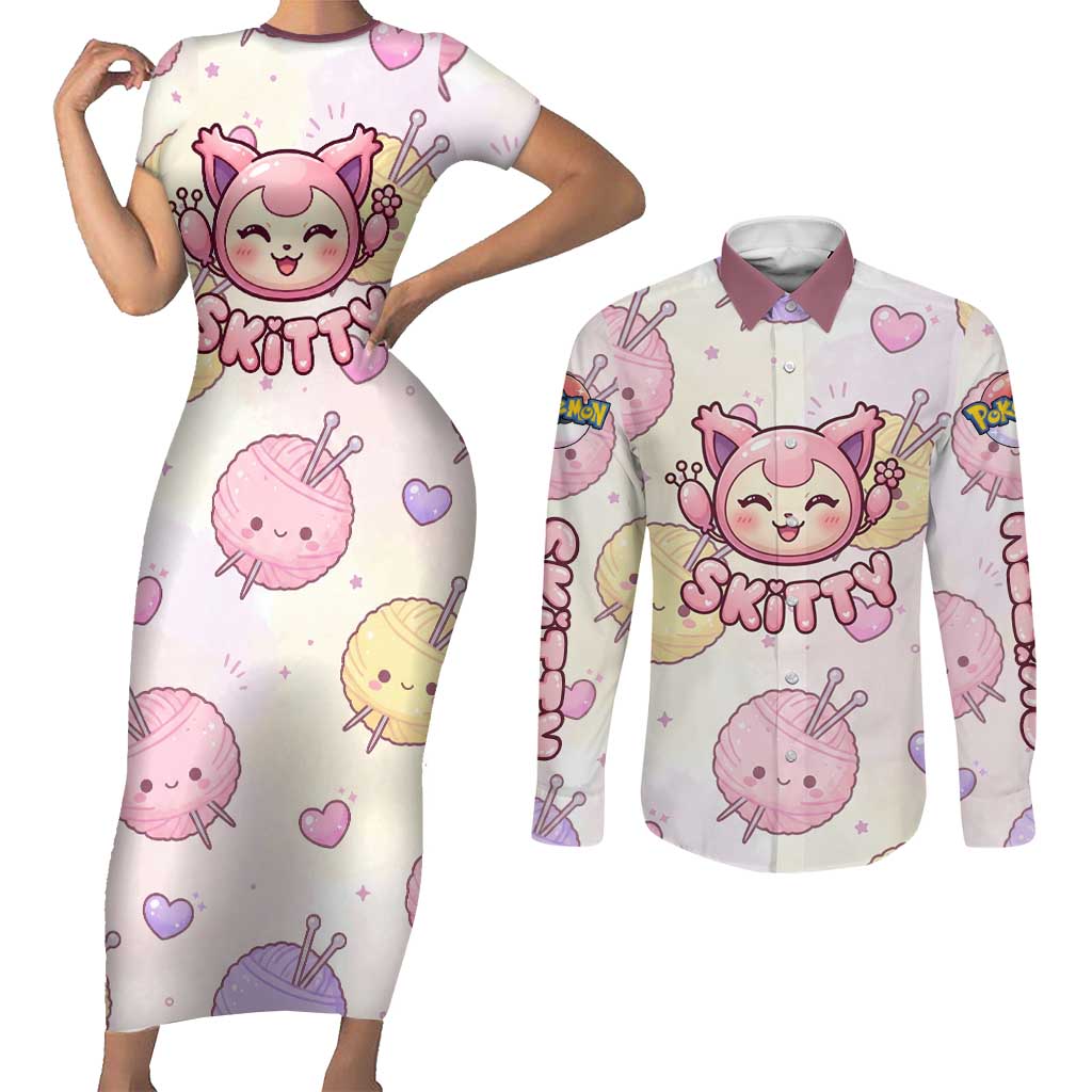 Skitty Pokémon Couples Matching Short Sleeve Bodycon Dress and Long Sleeve Button Shirt Pastel Kawaii Yarn Art Style