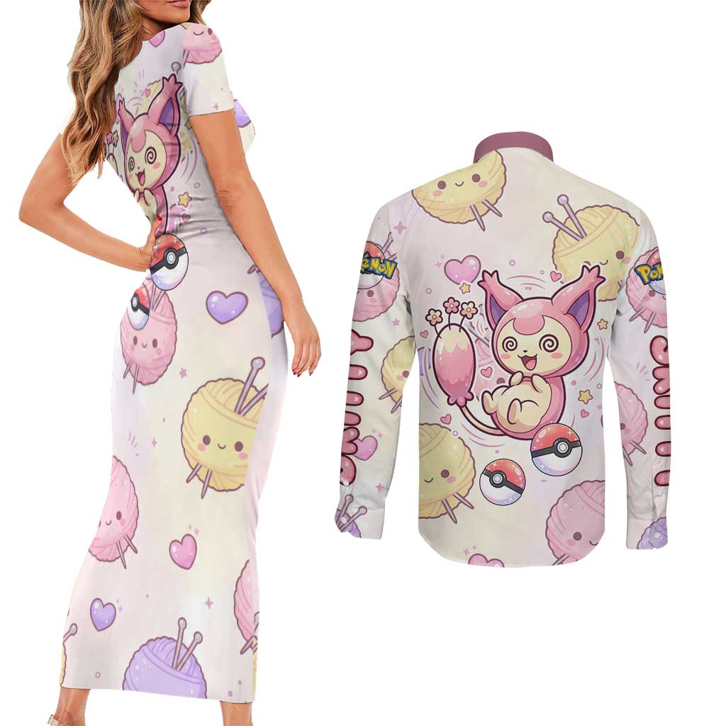 Skitty Pokémon Couples Matching Short Sleeve Bodycon Dress and Long Sleeve Button Shirt Pastel Kawaii Yarn Art Style