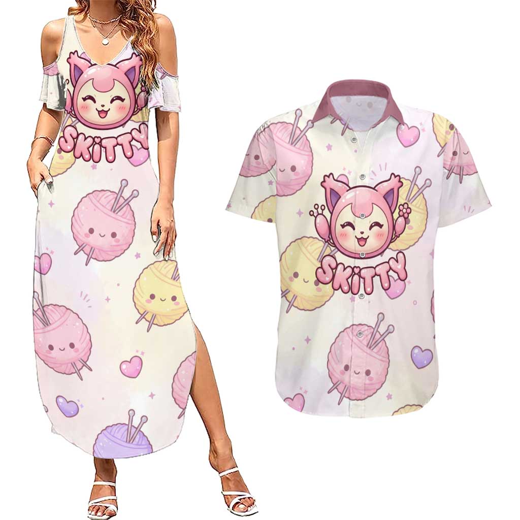 Skitty Pokémon Couples Matching Summer Maxi Dress and Hawaiian Shirt Pastel Kawaii Yarn Art Style