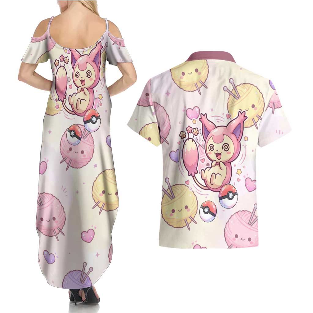 Skitty Pokémon Couples Matching Summer Maxi Dress and Hawaiian Shirt Pastel Kawaii Yarn Art Style