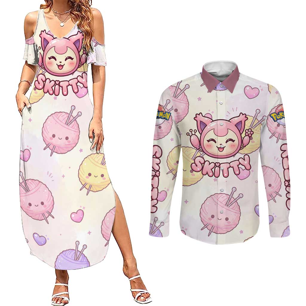 Skitty Pokémon Couples Matching Summer Maxi Dress and Long Sleeve Button Shirt Pastel Kawaii Yarn Art Style