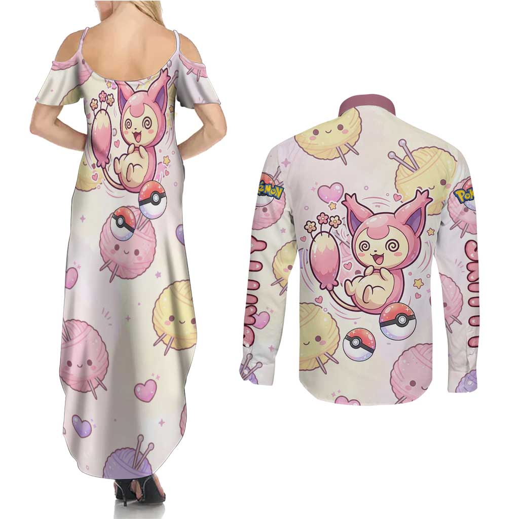 Skitty Pokémon Couples Matching Summer Maxi Dress and Long Sleeve Button Shirt Pastel Kawaii Yarn Art Style
