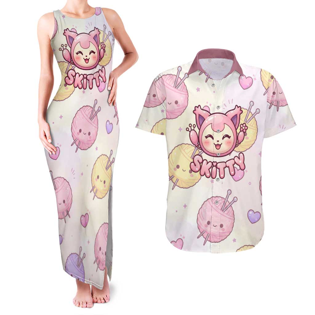 Skitty Pokémon Couples Matching Tank Maxi Dress and Hawaiian Shirt Pastel Kawaii Yarn Art Style