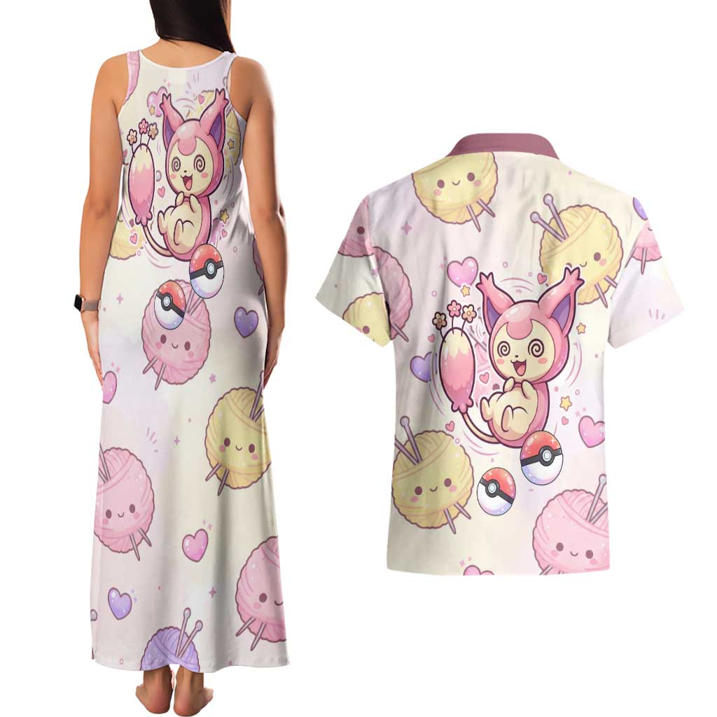 Skitty Pokémon Couples Matching Tank Maxi Dress and Hawaiian Shirt Pastel Kawaii Yarn Art Style