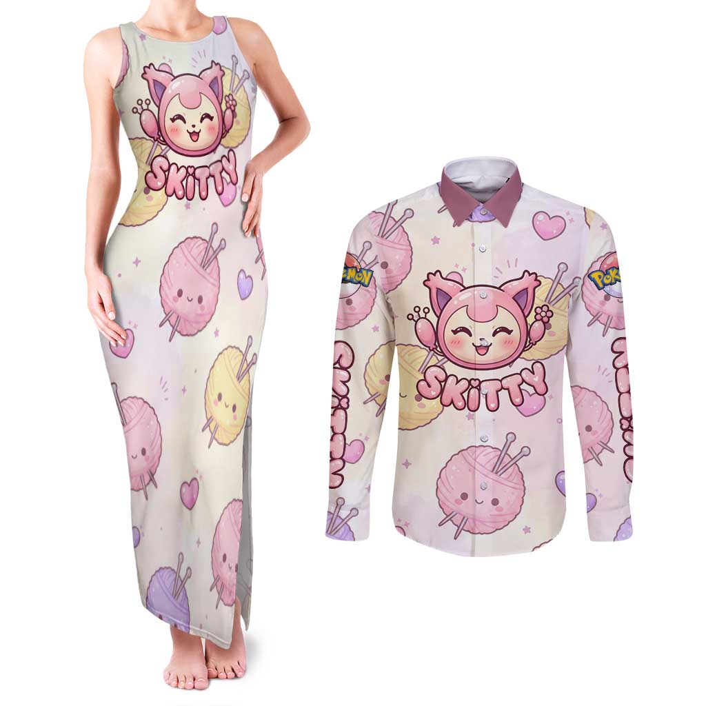 Skitty Pokémon Couples Matching Tank Maxi Dress and Long Sleeve Button Shirt Pastel Kawaii Yarn Art Style