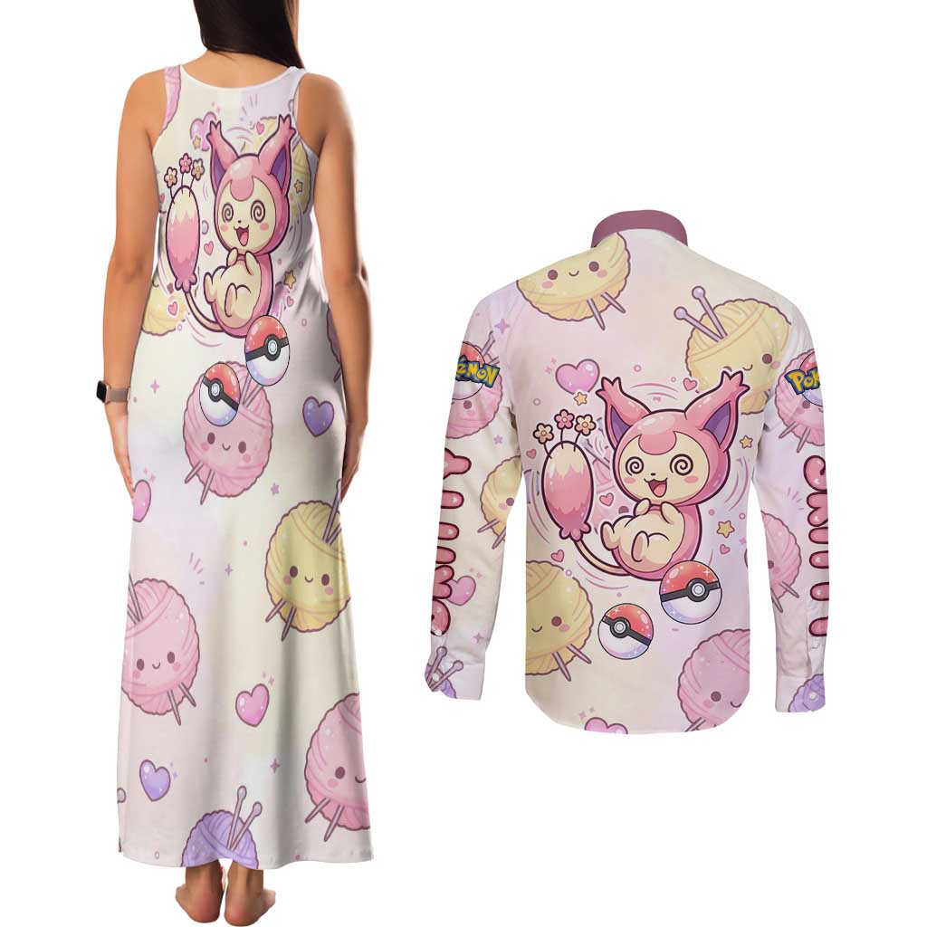 Skitty Pokémon Couples Matching Tank Maxi Dress and Long Sleeve Button Shirt Pastel Kawaii Yarn Art Style
