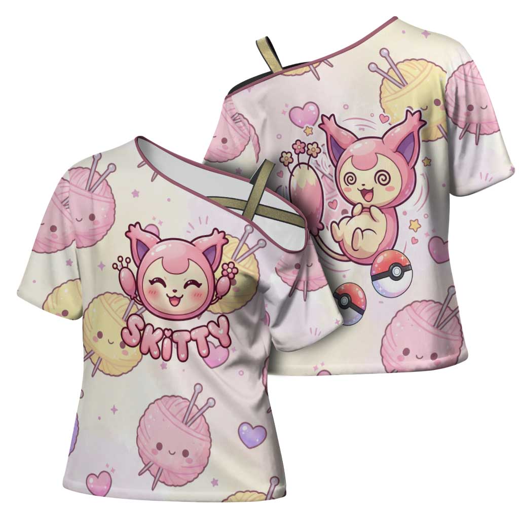 Skitty Pokémon Cross Shoulder Shirt Pastel Kawaii Yarn Art Style