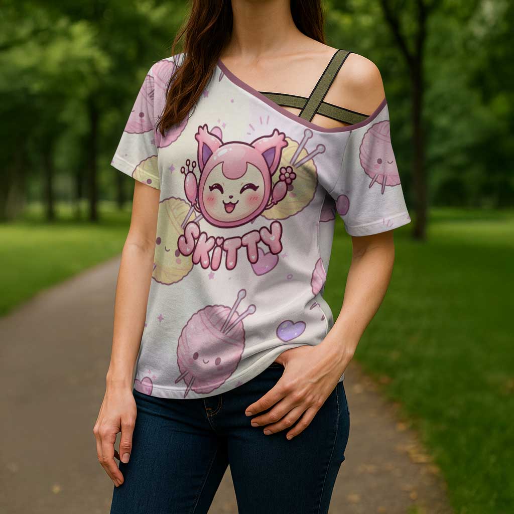 Skitty Pokémon Cross Shoulder Shirt Pastel Kawaii Yarn Art Style