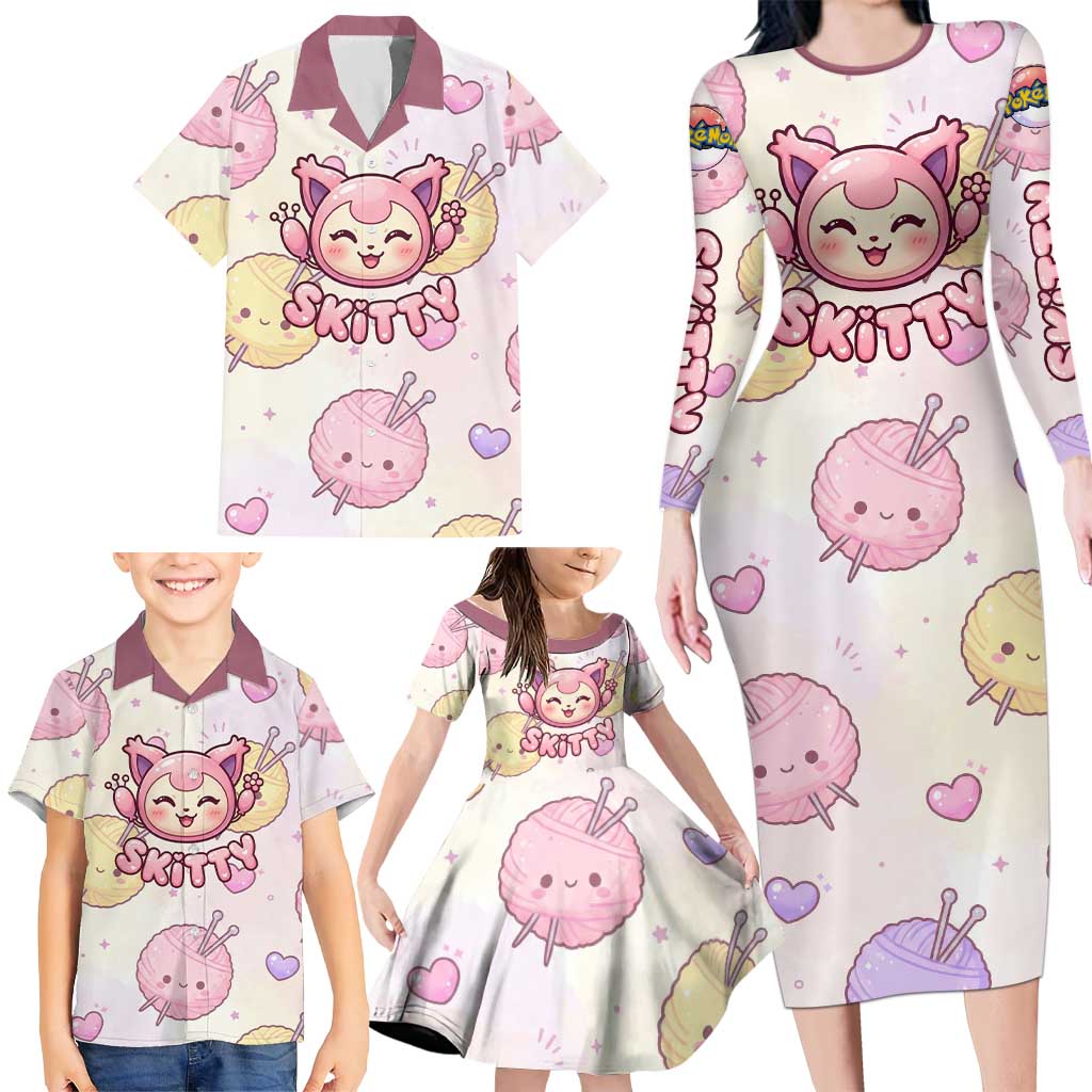 Skitty Pokémon Family Matching Long Sleeve Bodycon Dress and Hawaiian Shirt Pastel Kawaii Yarn Art Style