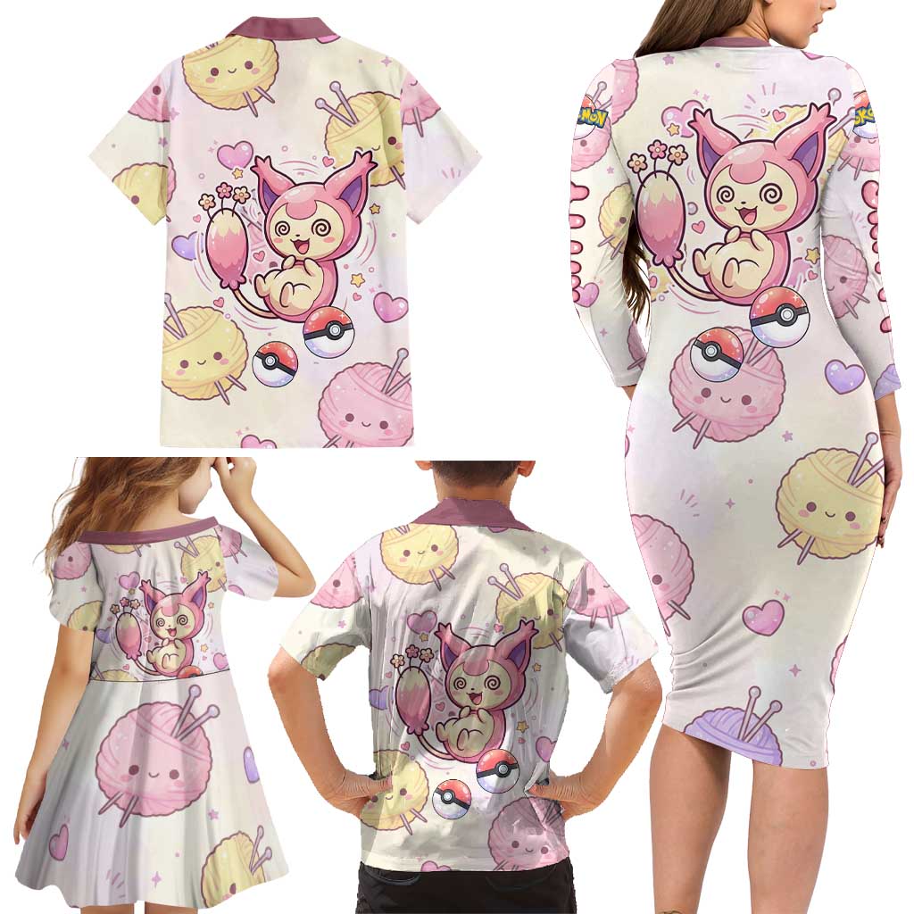 Skitty Pokémon Family Matching Long Sleeve Bodycon Dress and Hawaiian Shirt Pastel Kawaii Yarn Art Style
