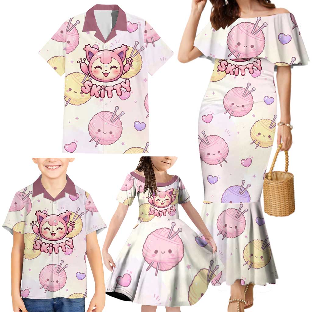 Skitty Pokémon Family Matching Mermaid Dress and Hawaiian Shirt Pastel Kawaii Yarn Art Style