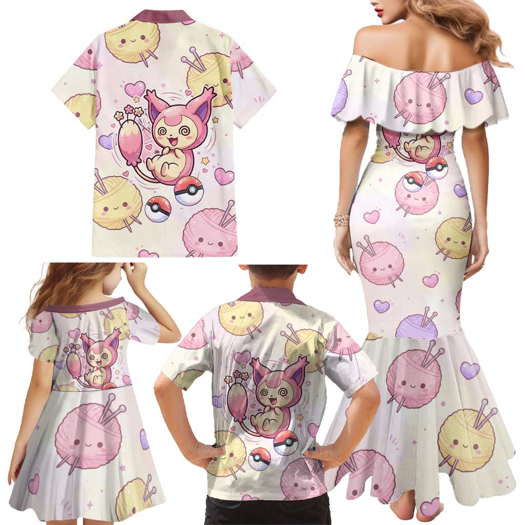 Skitty Pokémon Family Matching Mermaid Dress and Hawaiian Shirt Pastel Kawaii Yarn Art Style