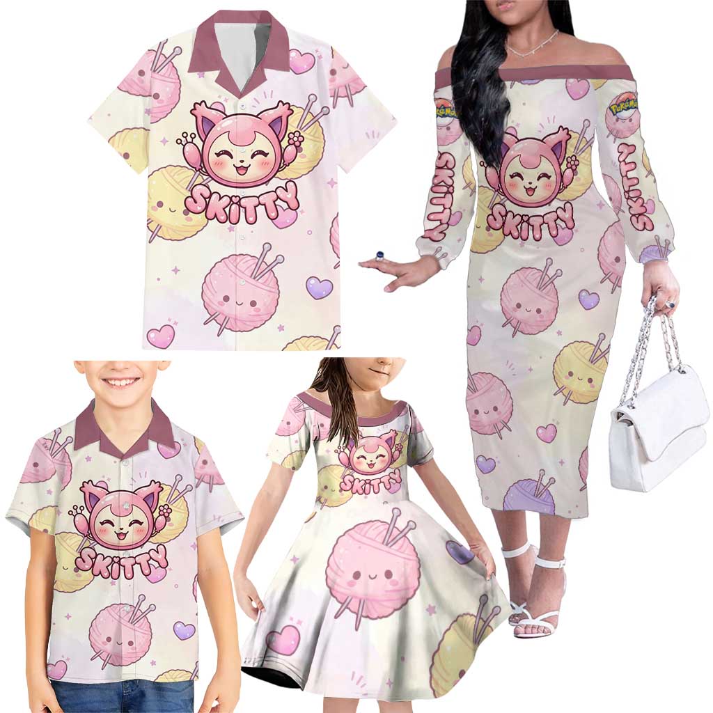 Skitty Pokémon Family Matching Off The Shoulder Long Sleeve Dress and Hawaiian Shirt Pastel Kawaii Yarn Art Style