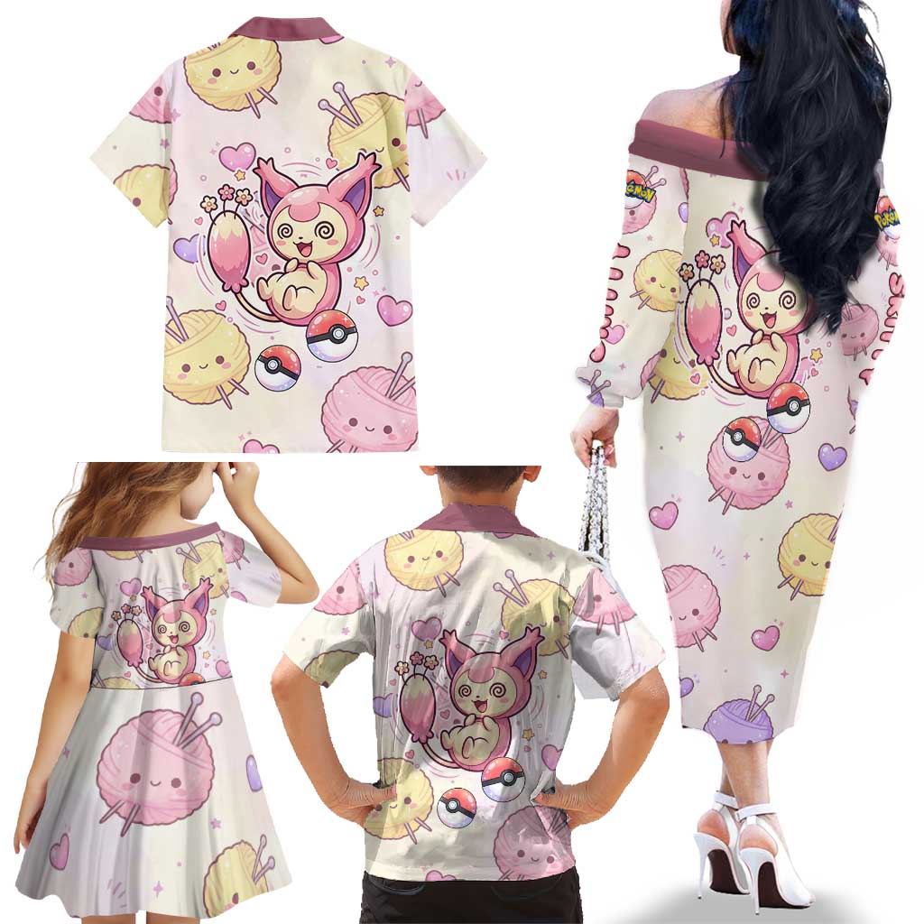 Skitty Pokémon Family Matching Off The Shoulder Long Sleeve Dress and Hawaiian Shirt Pastel Kawaii Yarn Art Style
