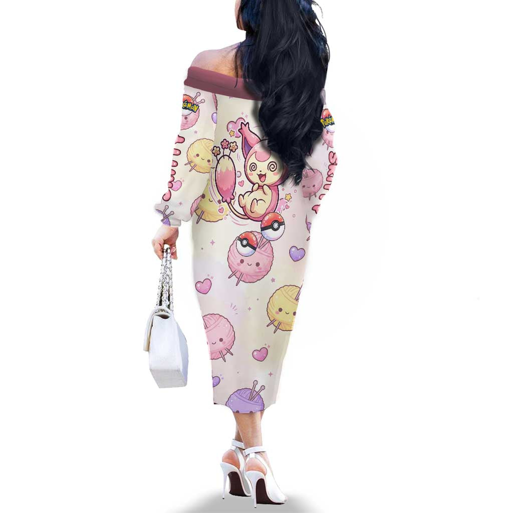 Skitty Pokémon Family Matching Off The Shoulder Long Sleeve Dress and Hawaiian Shirt Pastel Kawaii Yarn Art Style