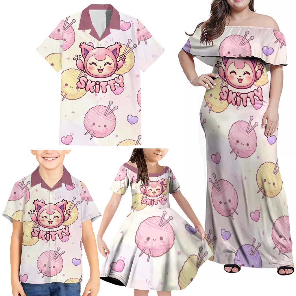 Skitty Pokémon Family Matching Off Shoulder Maxi Dress and Hawaiian Shirt Pastel Kawaii Yarn Art Style