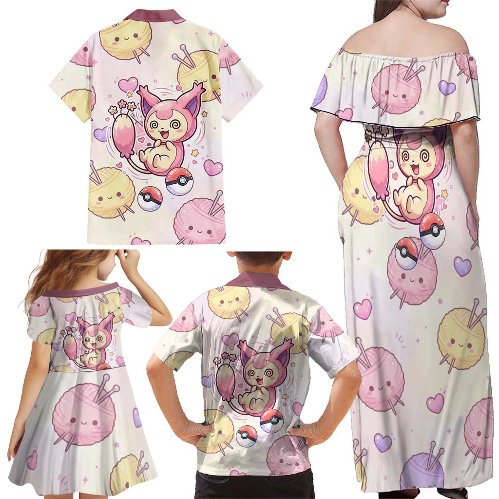 Skitty Pokémon Family Matching Off Shoulder Maxi Dress and Hawaiian Shirt Pastel Kawaii Yarn Art Style