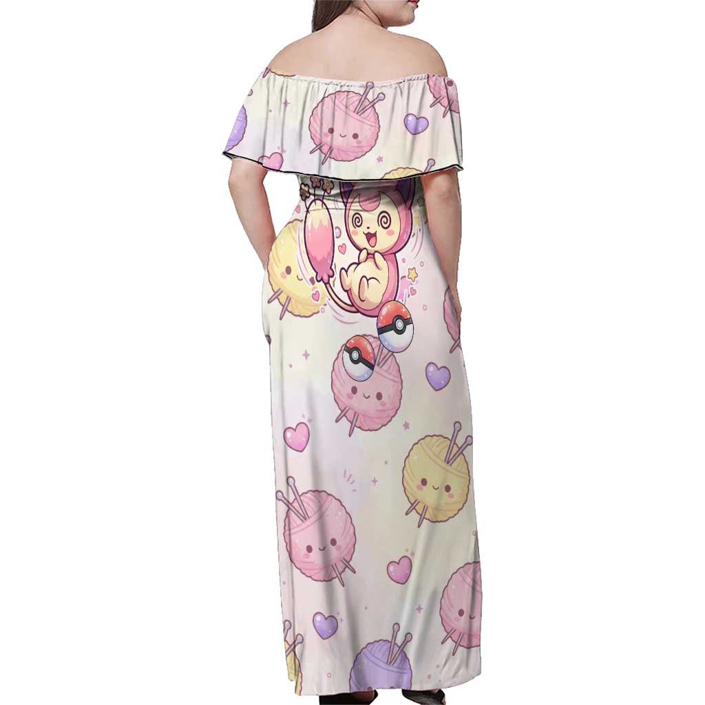 Skitty Pokémon Family Matching Off Shoulder Maxi Dress and Hawaiian Shirt Pastel Kawaii Yarn Art Style