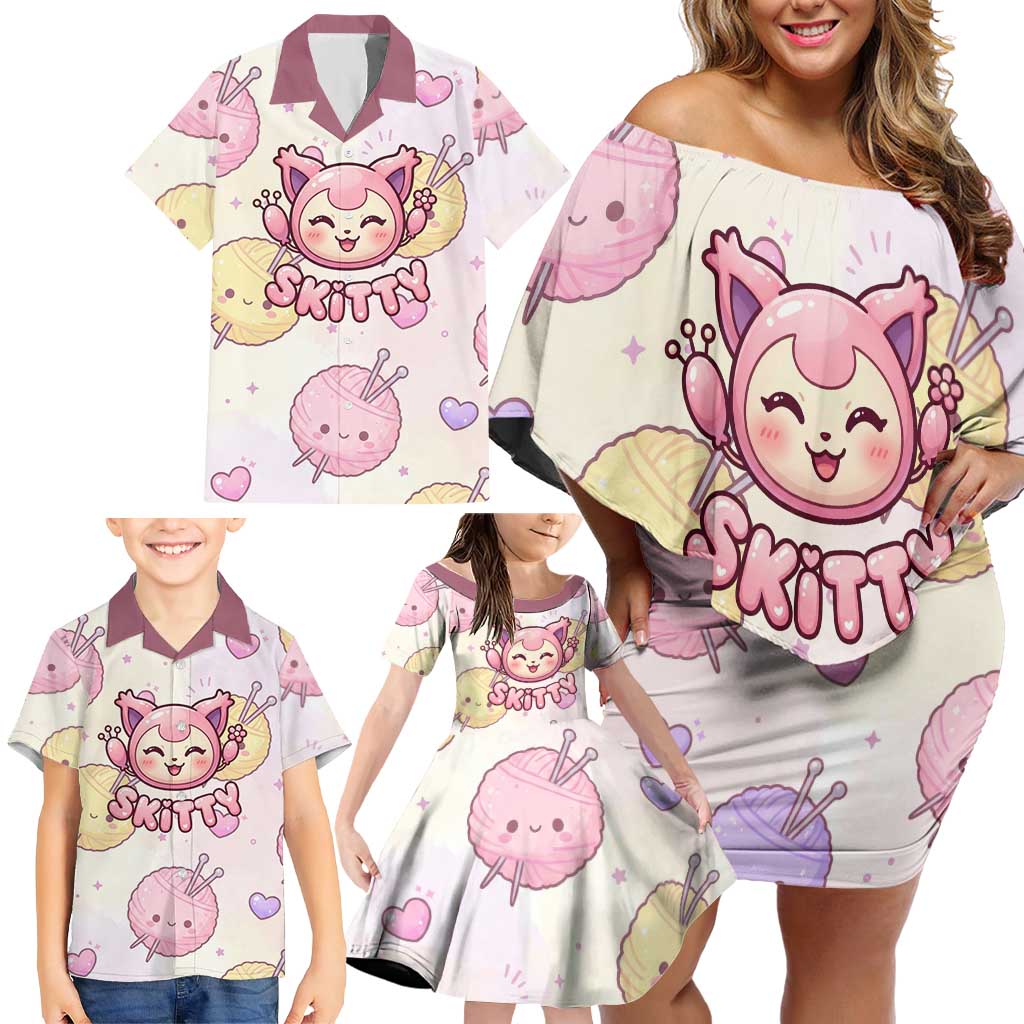 Skitty Pokémon Family Matching Off Shoulder Short Dress and Hawaiian Shirt Pastel Kawaii Yarn Art Style