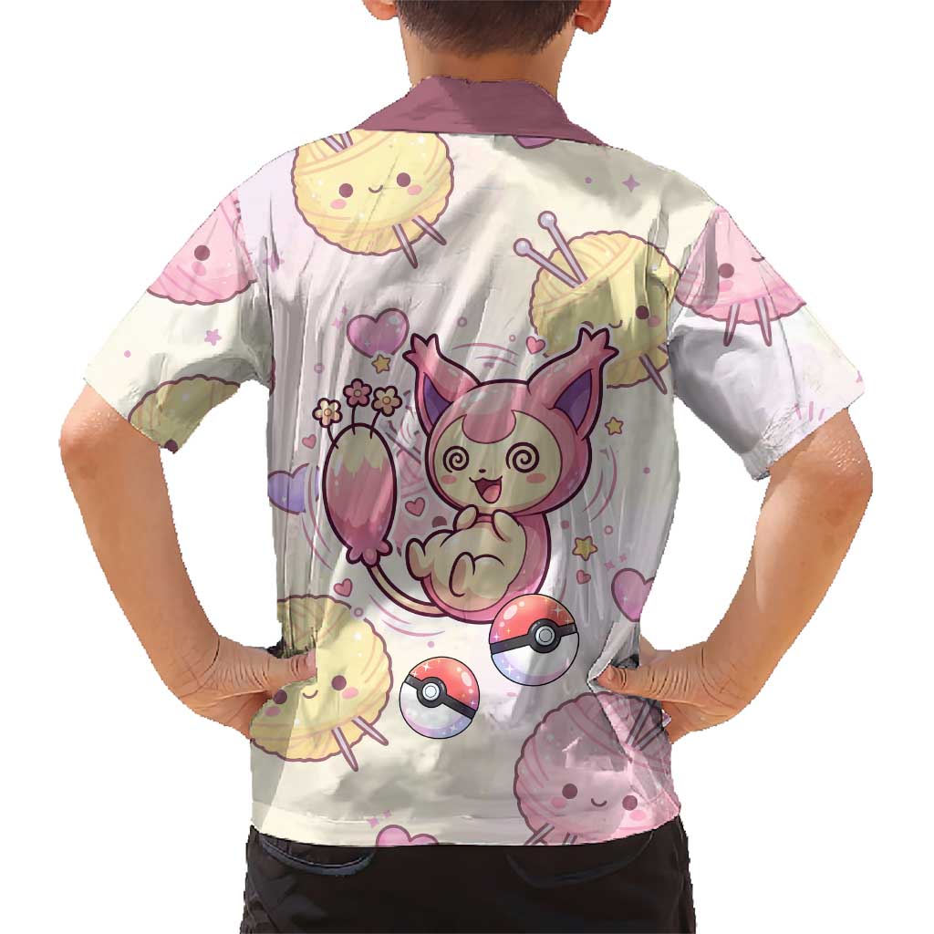 Skitty Pokémon Family Matching Off Shoulder Short Dress and Hawaiian Shirt Pastel Kawaii Yarn Art Style