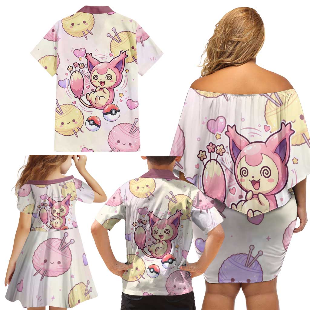 Skitty Pokémon Family Matching Off Shoulder Short Dress and Hawaiian Shirt Pastel Kawaii Yarn Art Style