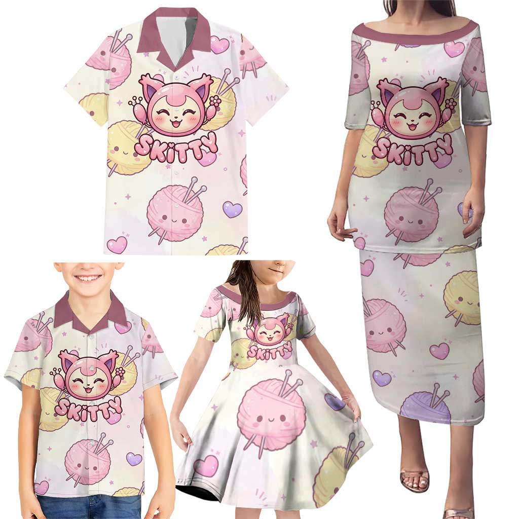 Skitty Pokémon Family Matching Puletasi and Hawaiian Shirt Pastel Kawaii Yarn Art Style